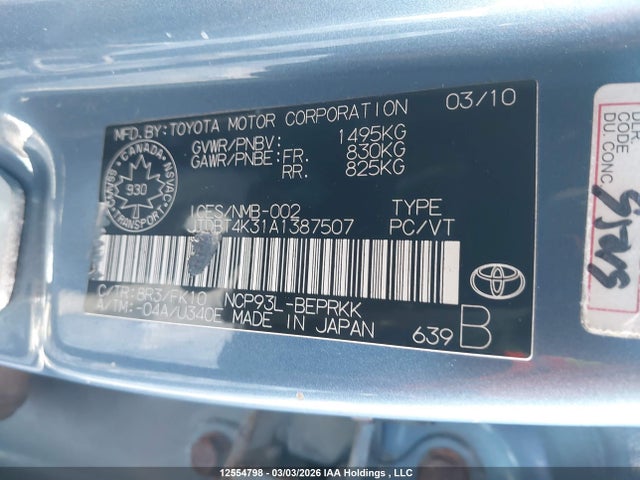 12554798 :رقم المزاد ، JTDBT4K31A1387507 vin ، 2010 Toyota Yaris مزاد بيع
