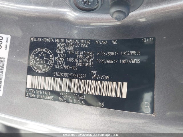 12554809 :رقم المزاد ، 5TDZK3DC1FS540227 vin ، 2015 Toyota Sienna 7 Passenger مزاد بيع