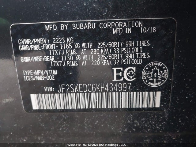 12554810 :رقم المزاد ، JF2SKEDC6KH434997 vin ، 2019 Subaru Forester 2.5i Convenience مزاد بيع