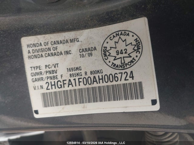 2010 Honda Civic Ex-l მანქანა იყიდება აუქციონზე, vin: 2HGFA1F00AH006724, აუქციონის ნომერი: 12554814