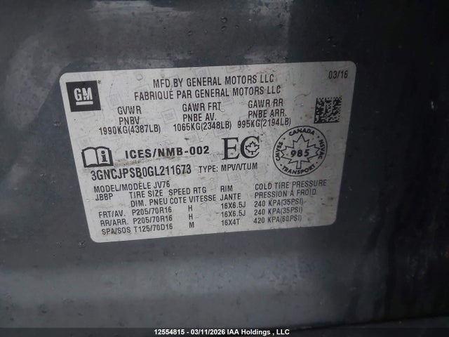 12554815 :رقم المزاد ، 3GNCJPSB0GL211673 vin ، 2016 Chevrolet Trax Lt مزاد بيع