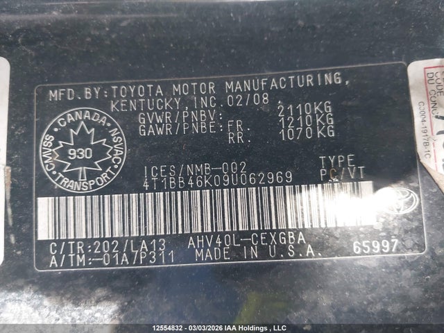 2009 Toyota Camry Hybrid მანქანა იყიდება აუქციონზე, vin: 4T1BB46K09U062969, აუქციონის ნომერი: 12554832