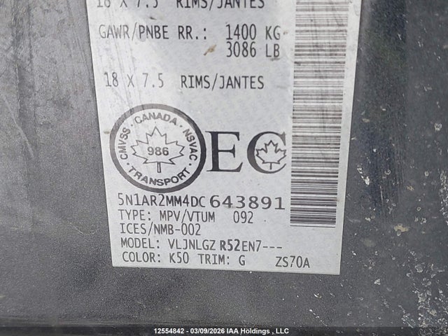Продажа на аукционе авто 2013 Nissan Pathfinder S/sv/sl/platinum, vin: 5N1AR2MM4DC643891, номер лота: 12554842