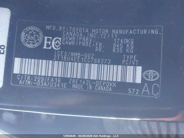 12554845 :رقم المزاد ، 2T1BU4EE1CC766273 vin ، 2012 Toyota Corolla S/le مزاد بيع