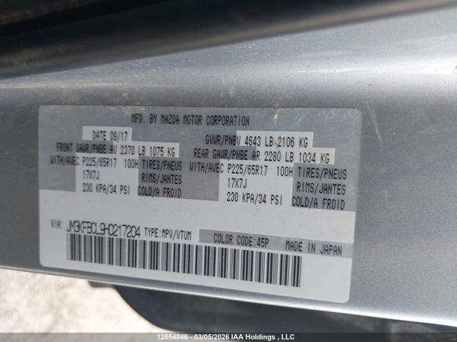 12554846 :رقم المزاد ، JM3KFBCL9H0217204 vin ، 2017 Mazda Cx-5 Gs مزاد بيع
