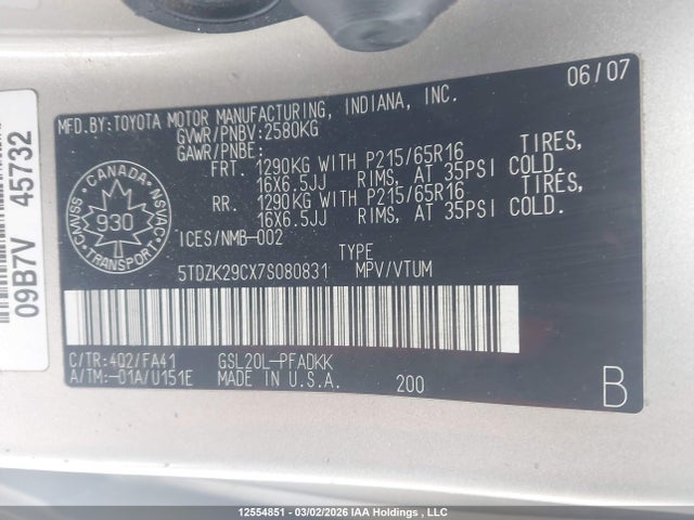 2007 Toyota Sienna Ce 7 Passenger/ce 8 Passenger მანქანა იყიდება აუქციონზე, vin: 5TDZK29CX7S080831, აუქციონის ნომერი: 12554851