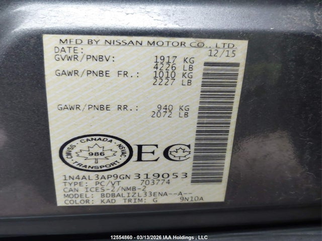 1N4AL3AP9GN319053 Nissan Altima 2.5/2.5 S/2.5 Sl Tech/2.5 Sr/2.5 Sv