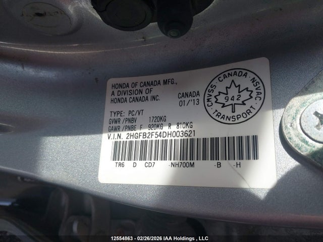 12554863 :رقم المزاد ، 2HGFB2F54DH003621 vin ، 2013 Honda Civic Ex 4dr مزاد بيع