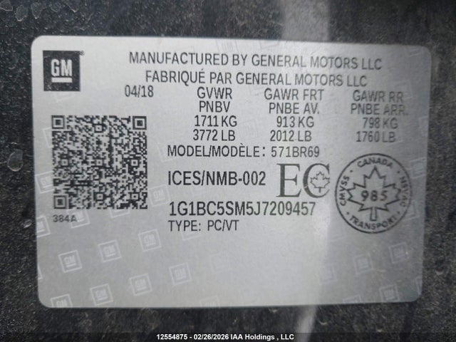 Aukcja sprzedaży 2018 Chevrolet Cruze Ls, vin: 1G1BC5SM5J7209457, numer aukcji: 12554875