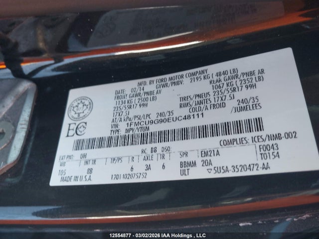 2014 Ford Escape Se მანქანა იყიდება აუქციონზე, vin: 1FMCU9G90EUC48111, აუქციონის ნომერი: 12554877