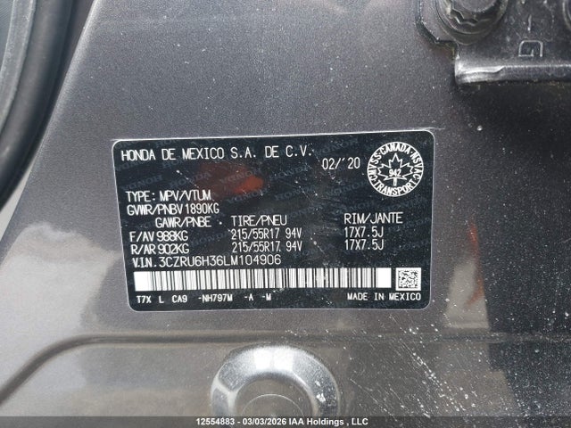 2020 Honda Hr-v Lx მანქანა იყიდება აუქციონზე, vin: 3CZRU6H36LM104906, აუქციონის ნომერი: 12554883