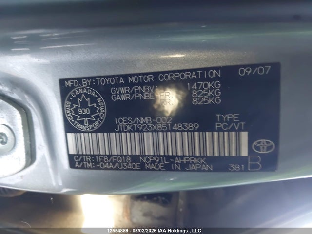 Aukcja sprzedaży 2008 Toyota Yaris, vin: JTDKT923X85148389, numer aukcji: 12554889