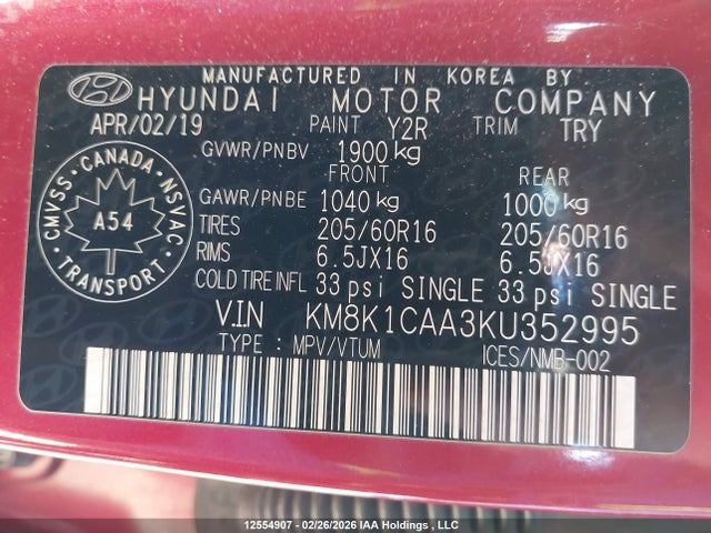 KM8K1CAA3KU352995 Hyundai Kona Se