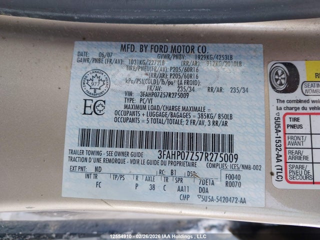 Продажа на аукционе авто 2007 Ford Fusion Se, vin: 3FAHP07Z57R275009, номер лота: 12554910