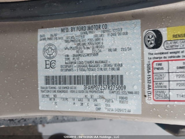 Продажа на аукционе авто 2007 Ford Fusion Se, vin: 3FAHP07Z57R275009, номер лота: 12554910