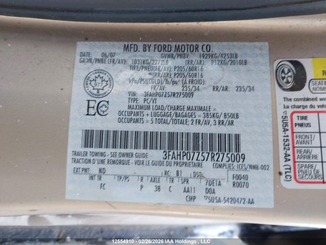 Продажа на аукционе авто 2007 Ford Fusion Se, vin: 3FAHP07Z57R275009, номер лота: 12554910
