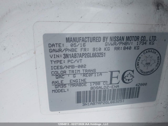 3N1AB7AP2GL663251 Nissan Sentra 1.8 S/1.8 Sl/1.8 Sr/1.8 Sv