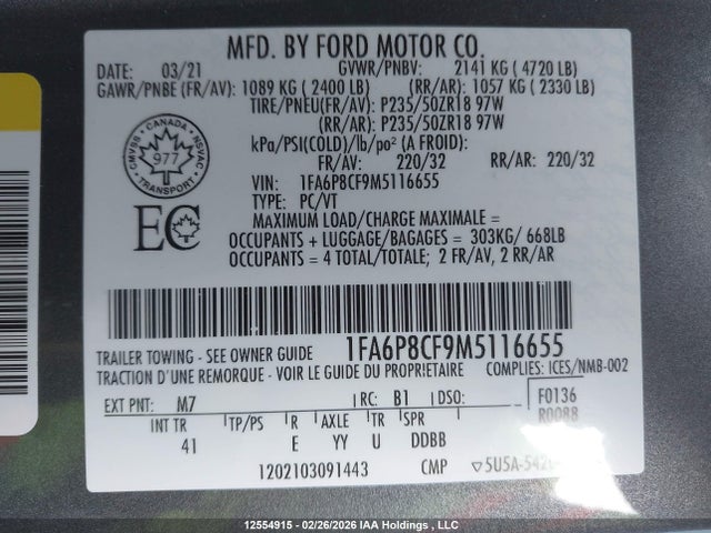 12554915 :رقم المزاد ، 1FA6P8CF9M5116655 vin ، 2021 Ford Mustang Gt Premium مزاد بيع
