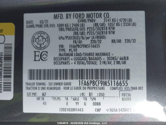 12554915 :رقم المزاد ، 1FA6P8CF9M5116655 vin ، 2021 Ford Mustang Gt Premium مزاد بيع