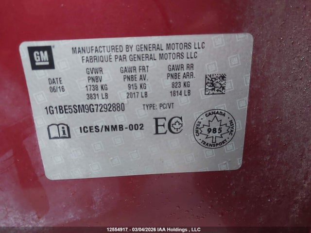 1G1BE5SM9G7292880 Chevrolet Cruze Lt Auto