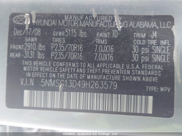 12554919 :رقم المزاد ، 5NMSG13D49H263579 vin ، 2009 Hyundai Santa Fe Gls مزاد بيع