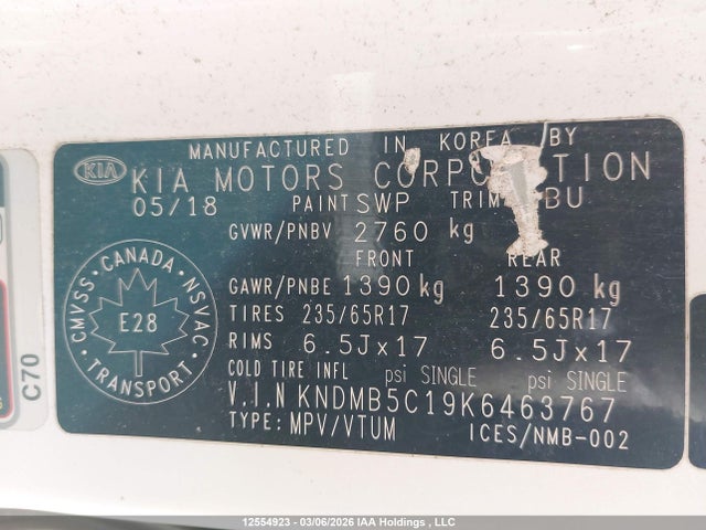 12554923 :رقم المزاد ، KNDMB5C19K6463767 vin ، 2019 Kia Sedona مزاد بيع