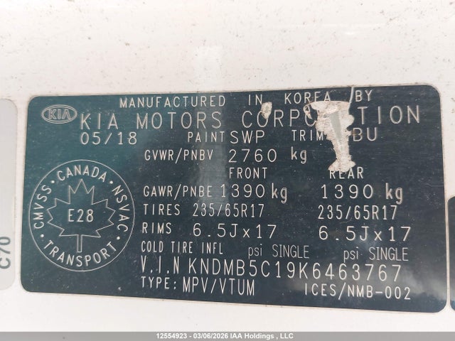 12554923 :رقم المزاد ، KNDMB5C19K6463767 vin ، 2019 Kia Sedona مزاد بيع
