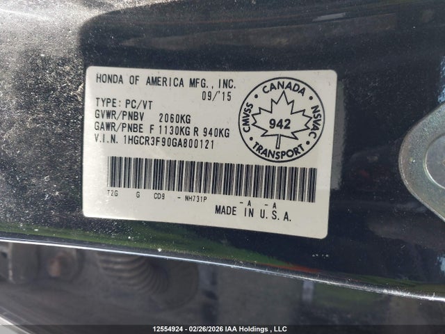 1HGCR3F90GA800121 Honda Accord Touring