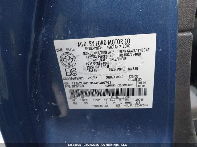 Продаж на аукціоні авто 2010 Ford Escape Xlt Automatic, vin: 1FMCU9DG0AKC80792, номер лоту: 12554925