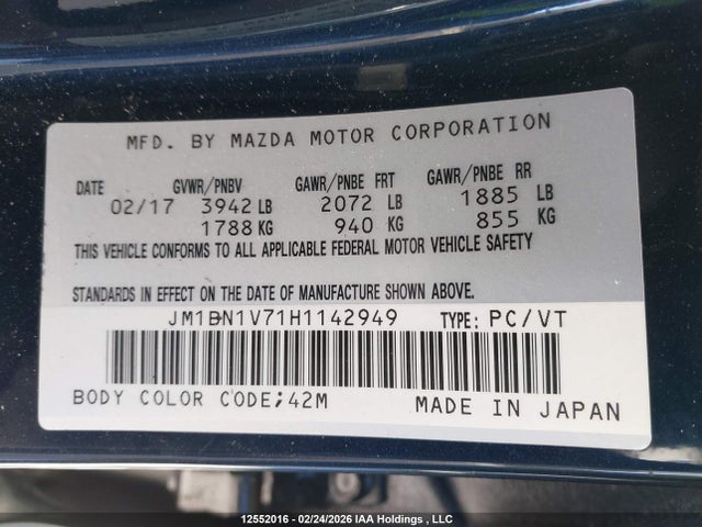 JM1BN1V71H1142949 Mazda Mazda3 Gs