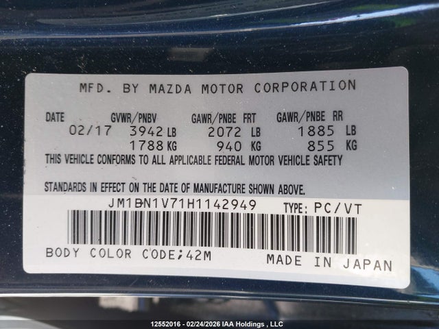 JM1BN1V71H1142949 Mazda Mazda3 Gs