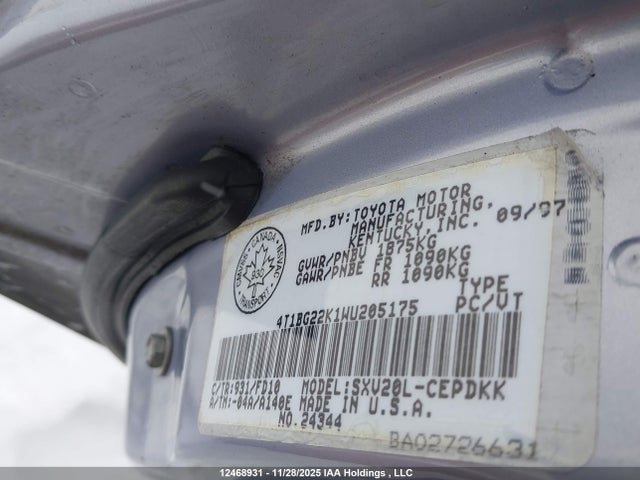 12468931 :رقم المزاد ، 4T1BG22K1WU205175 vin ، 1998 Toyota Camry Ce/le/xle مزاد بيع