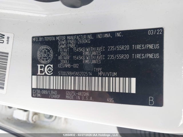 5TDDZRBH5NS202514 Toyota Highlander Limited