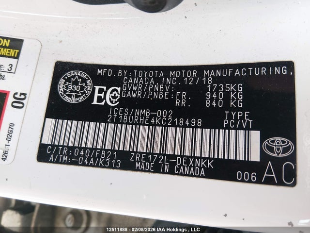 2T1BURHE4KC218498 Toyota COROLLA LE
