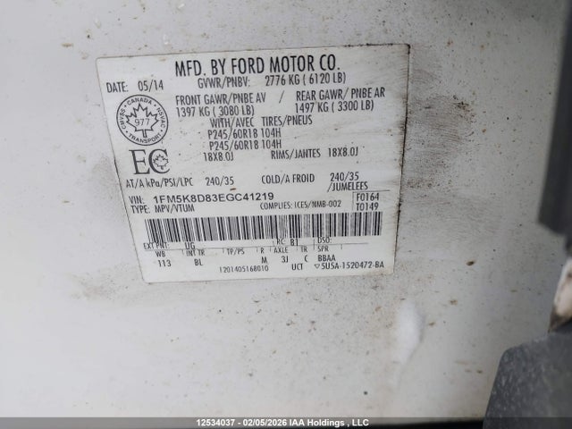 12534037 :رقم المزاد ، 1FM5K8D83EGC41219 vin ، 2014 Ford Explorer Xlt مزاد بيع