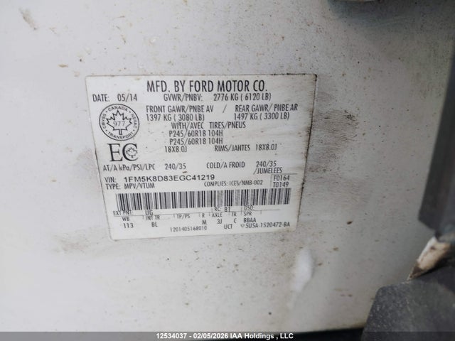 12534037 :رقم المزاد ، 1FM5K8D83EGC41219 vin ، 2014 Ford Explorer Xlt مزاد بيع