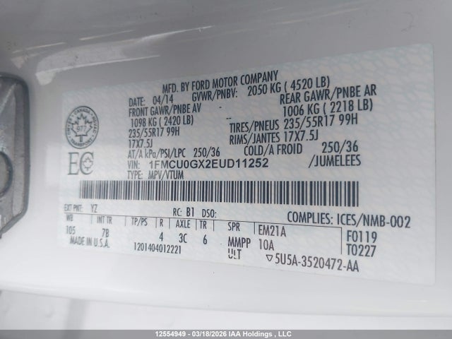 12554949 :رقم المزاد ، 1FMCU0GX2EUD11252 vin ، 2014 Ford Escape Se مزاد بيع