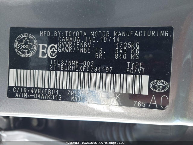 Aukcja sprzedaży 2015 Toyota Corolla, vin: 2T1BURHEXFC294197, numer aukcji: 12554951
