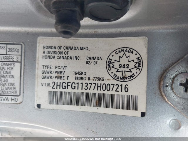 12554953 :رقم المزاد ، 2HGFG11377H007216 vin ، 2007 Honda Civic مزاد بيع