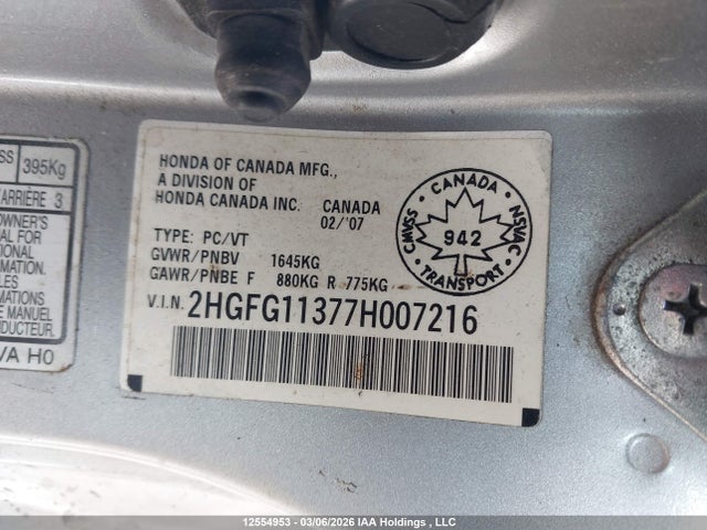 12554953 :رقم المزاد ، 2HGFG11377H007216 vin ، 2007 Honda Civic مزاد بيع