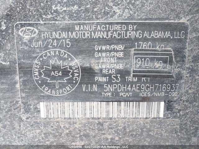 5NPDH4AE9GH716937 Hyundai Elantra