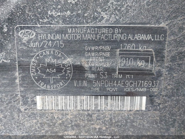5NPDH4AE9GH716937 Hyundai Elantra