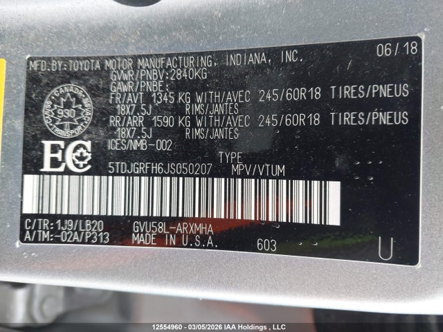 Продажа на аукционе авто 2018 Toyota Highlander Hybrid Xle, vin: 5TDJGRFH6JS050207, номер лота: 12554960