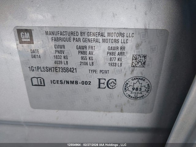 1G1PL5SH7E7358421 Chevrolet Cruze