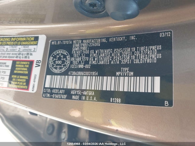 12554968 :رقم المزاد ، 4T3BA3BB6CU031954 vin ، 2012 Toyota Venza Le/xle مزاد بيع