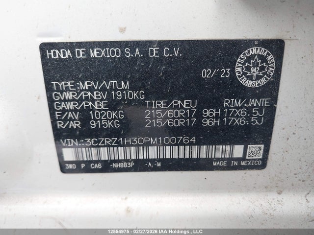 Продаж на аукціоні авто 2023 Honda Hr-v, vin: 3CZRZ1H30PM100764, номер лоту: 12554975