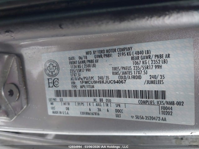 1FMCU9H9XJUC94067 Ford ESCAPE SEL