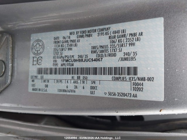 1FMCU9H9XJUC94067 Ford ESCAPE SEL