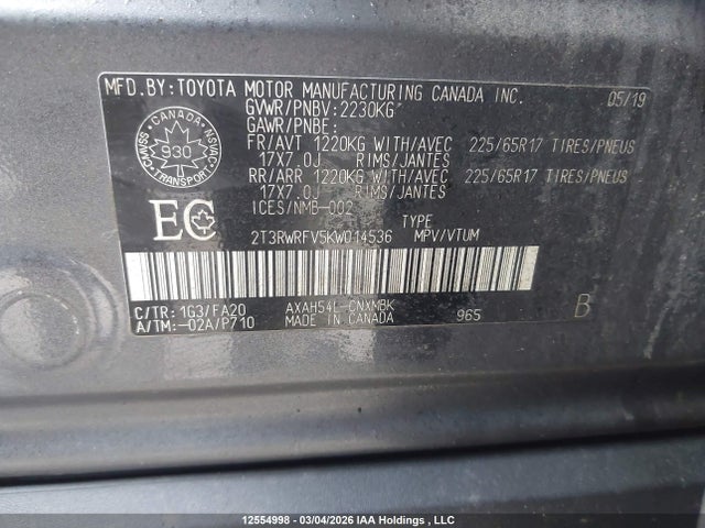 2T3RWRFV5KW014536 Toyota Rav4 Xle/xse