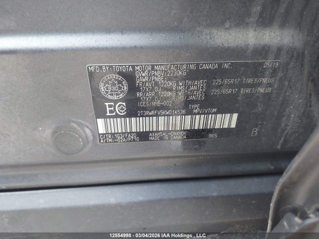 2T3RWRFV5KW014536 Toyota Rav4 Xle/xse
